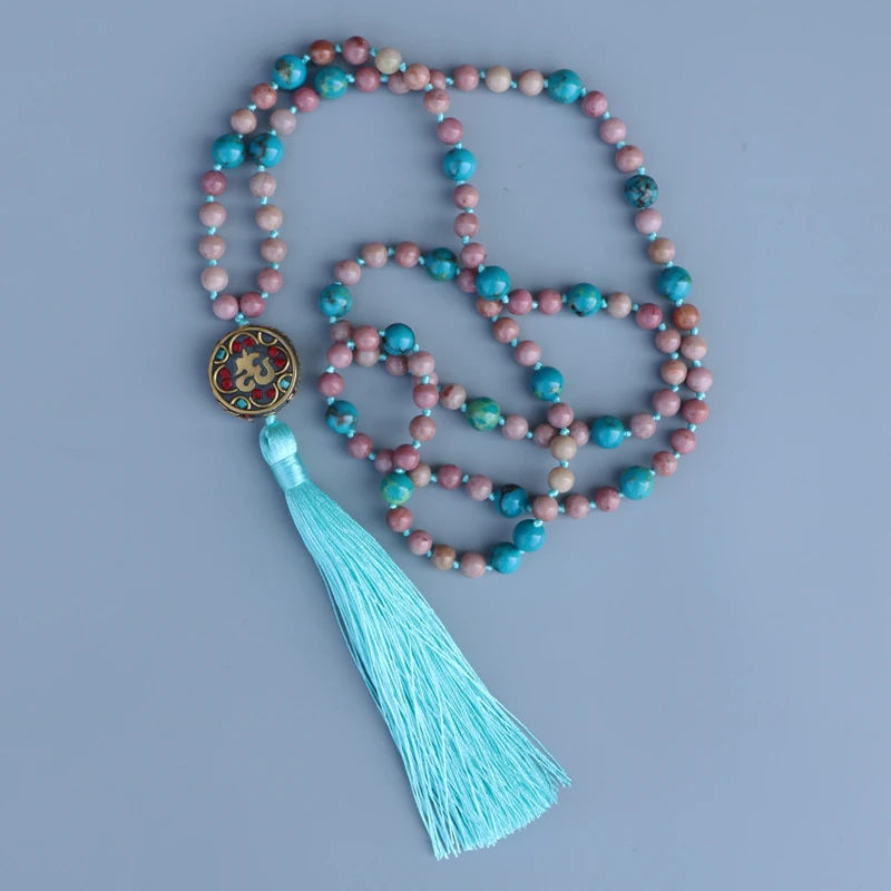 EDOTHALIA Lovely 108 Beads Mala Necklace Women Gift 6MM Pink Rhodochrosite Bead & Blue Bead Nepal Pendant Tassles Necklace