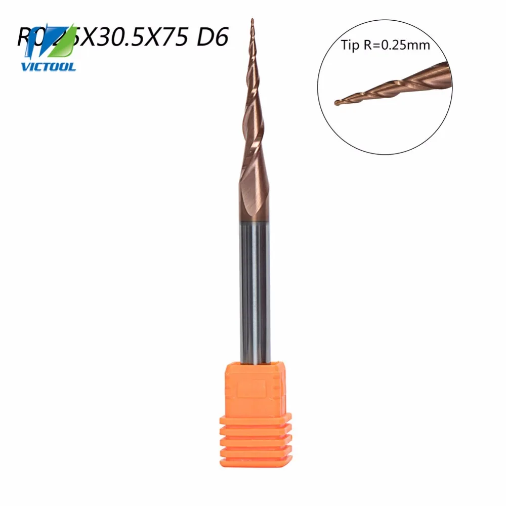 5pcs/Lot H-SI Coated R0.25*D6*30.5*75L*2F Solid Carbide 6mm Ball Nose Tapered End Mills Router Bits Taper Wood Metal Mill Cutter