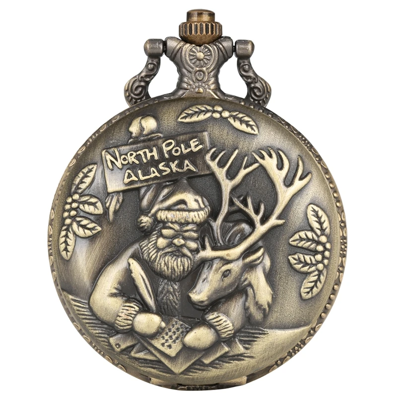 North Pole Alaska Santa Claus Elk Deer Quartz Pocket Watch Necklace Pendant Souvenir Chain Gifts For Men Women Reloj de madera