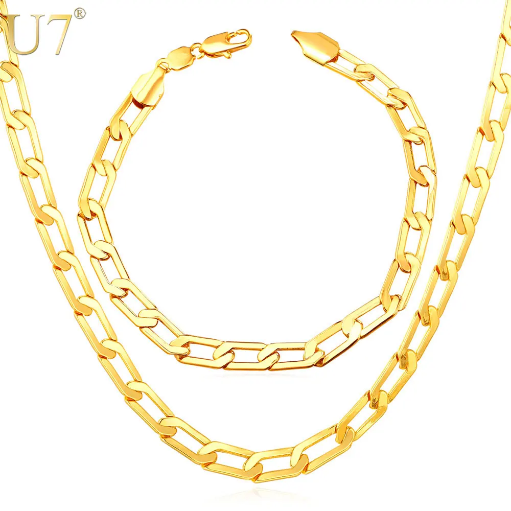 U7 Gold/Silver/Rose Gold Color Link Chain Jewelry Sets Fashion Trendy Bracelet Necklace Set For Men Wholesale S850