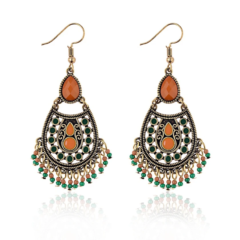 DOUVEI New Water Drop Retro Earrings India Jhumka Jhumki Green&Orange Beads Tassel Bronze Earrings Tibetan Jewelry HQE1011