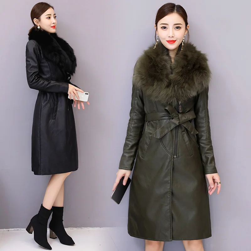 Winter Women Elegant Slim Long PU Leather Jacket Female Warm Artifical Fur Collar Manteau Femme Hiver Chaqueta Cuero Mujer Coat