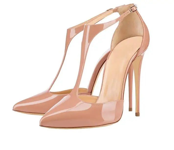 

Concise Elegant Patend Leather Multi-color Chose T Strap Stiletto Pumps Pointed Ankle Strap Cut Out Thin High Heel Shoes