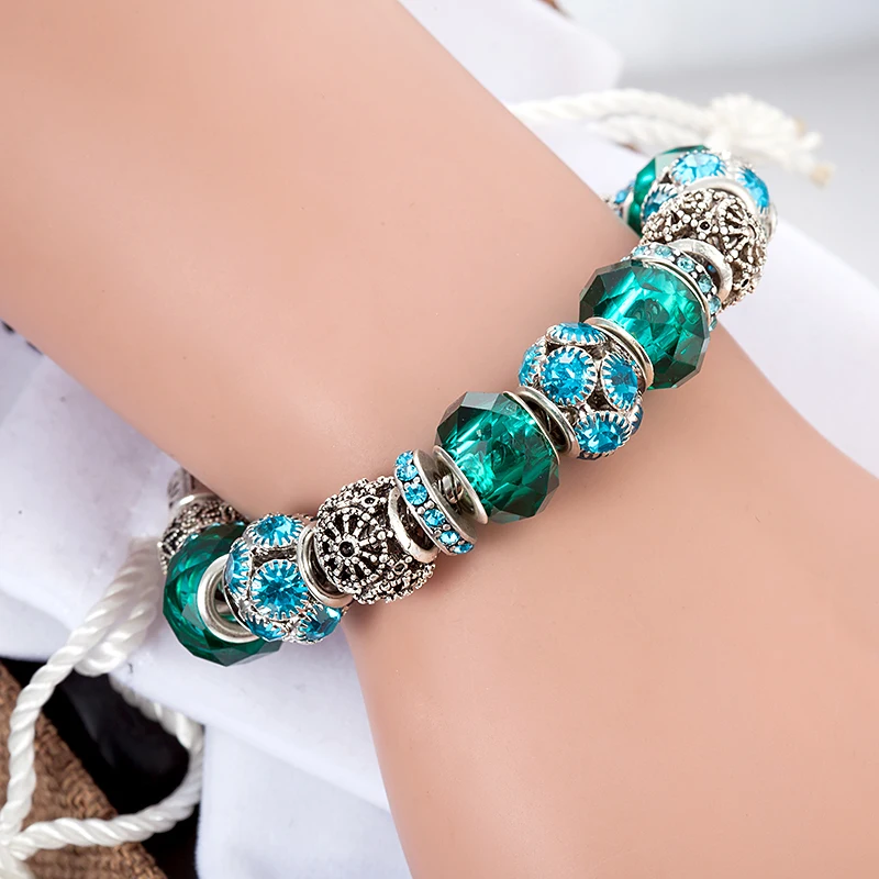 ANNAPAER High Quality Blue Crystal Bracelet with Green Murano Beads Charm Fit Pan Original Bangles for Women DIY Jewelry B16088