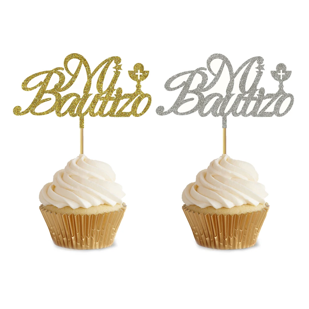 20 Pieces Glitter Gold Glitter Silver Spanish Mi Bautizo Cupcake Topper For Kids Christening & Baptism Party Decoration Topper