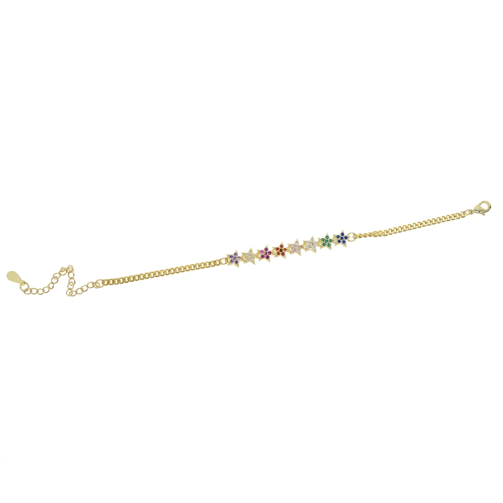 Gold Color Plated Rainbow Cz Flower Charm Bracelet Adjust Chain Delicate Stunning Minimal Cute Elegance Jewelry for Women