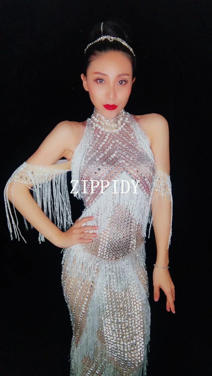 Fashion Full Crystals Silver Fringes Party Dress Lady Evening Party Sexy Long Prom Birthday Celebrate Shining Stones Dresses