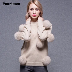 Women`s cashmere wool knitted long sleeve loose casual pullover tunic chunky turtle cowl neck hem wrap sweater with fox fur cuff