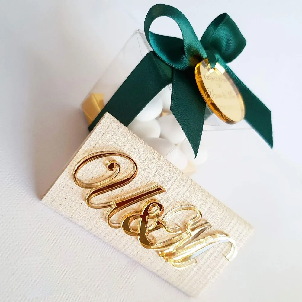 

12 * Personalized Bride and Groom Initials Gold Plaques Wedding Logo Decorated Chocolate Silver Mirror Anniversary Favors Banner