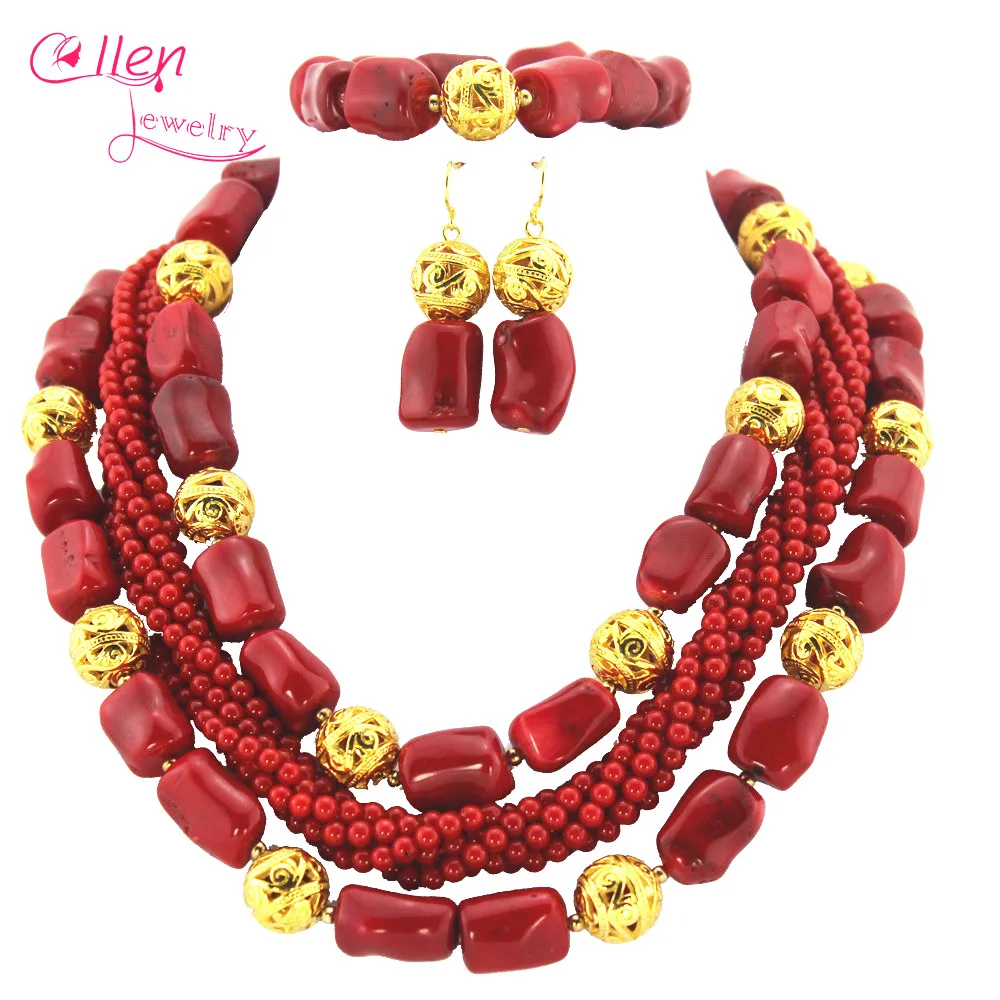 

2017 African Beads Jewelry Set Nigerian wedding beads Jewelry Sets Party Red Coral Beads Jewelry Sets W9863