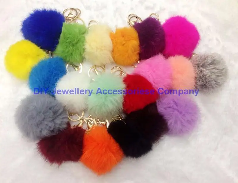 

Epack free 50pcs mixed 20 colors Cute Genuine Leather Rabbit fur ball plush key chain for car key ring Bag Pendant car keychain