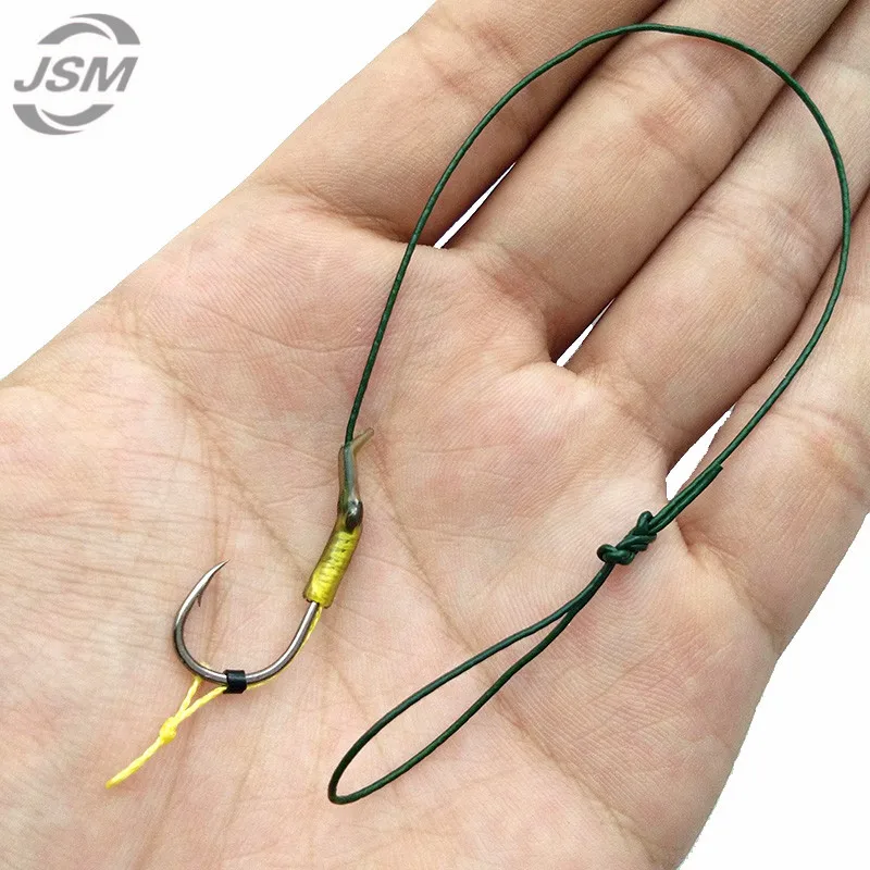 JSM 18pcs Carp Fishing Hair Rigs Green Coated Thread Loop 8340 High Carbon Steel Hook Boilies Carp Rigs Carp Fishing Accessories