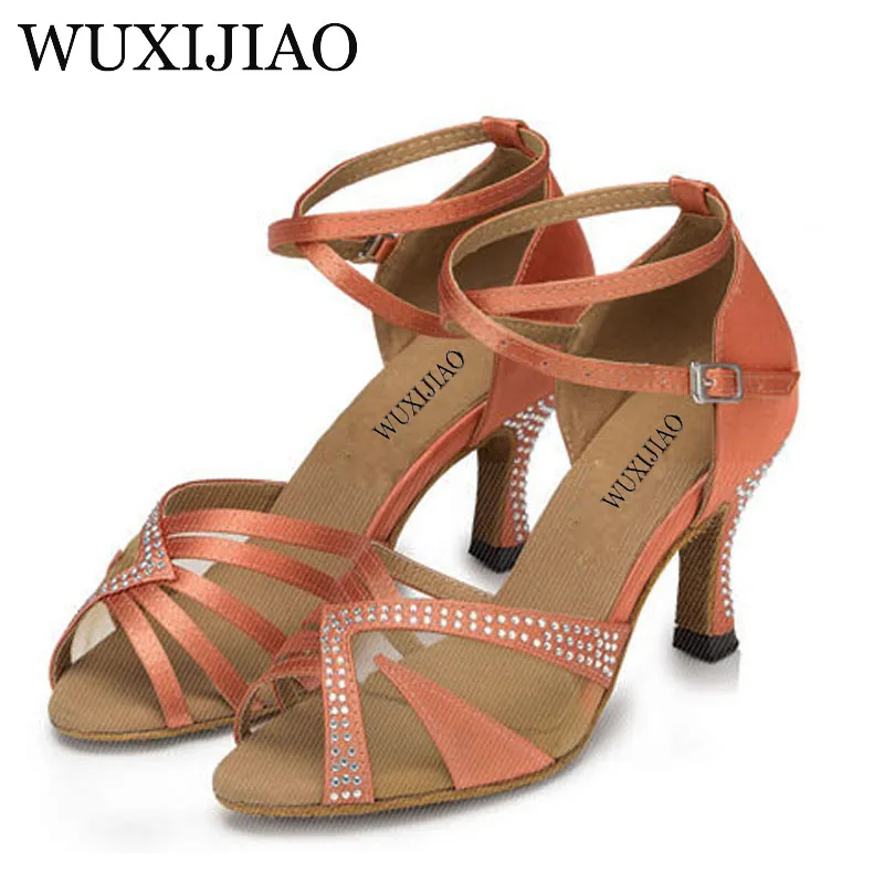 Wuxijiao Hitam Orange dan Merah Satin Kristal Berlian Imitasi Salsa Tango Ballroom Latin Menari Sepatu dan Sepatu Dansa