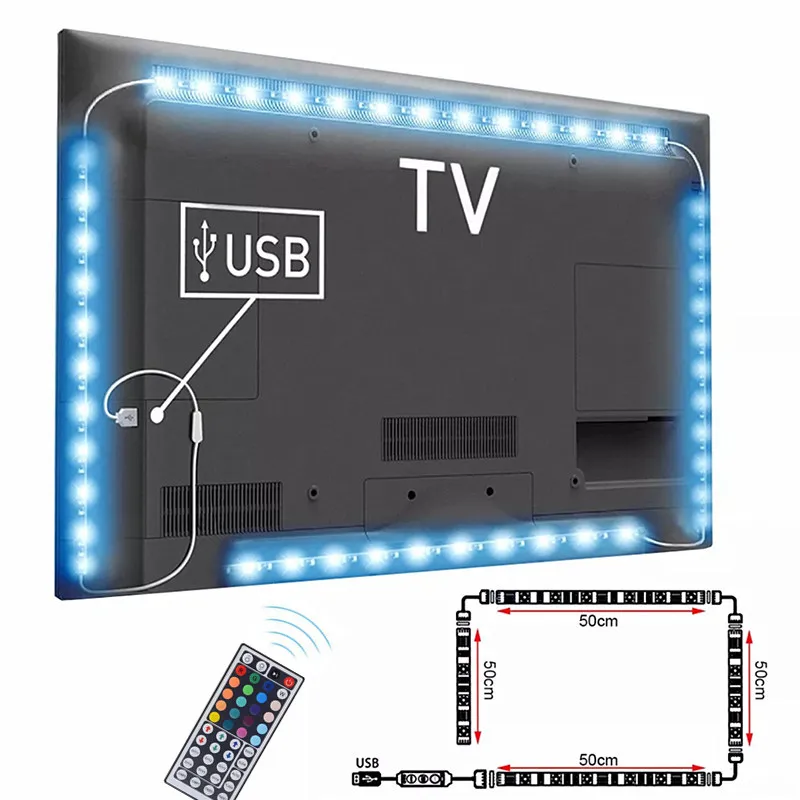 TV Backlight USB 5V 4x50 ซม./2x50 ซม.2x100 ซม.RGB ยืดหยุ่น LED Strip light 2m 3m สีขาว/สีดํา PCB พื้นหลังเทป LED