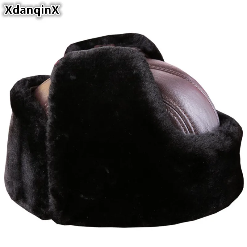 XdanqinX New Extra Thick Warm Winter Men\'s Genuine Leather Hat Bomber Hats Plus Velvet Cowhide Fur Earmuffs Cap For Dad Old Men