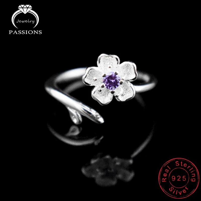 LYNNE Jewelry Fine Sakura AAA Zircon Rings Resizable 925 Sterling Silver Purple Rhinestone CZ Flowers Ring Women Fashion Gift