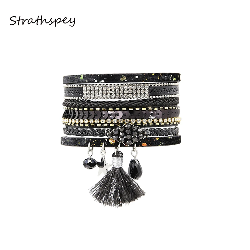 STRATHSPEY Crystal Beads Bracelet For Women Multi-layer Leather Rhinestone Alloy Accessories Magnet Clasp Bracelete Feminino