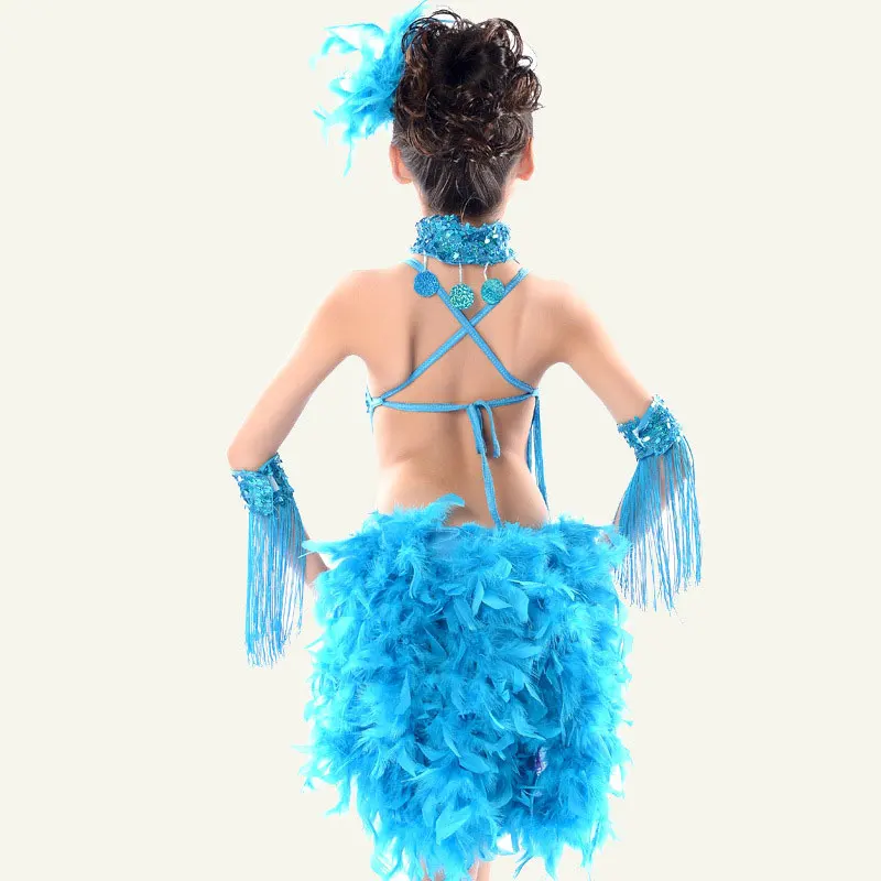 New Sequin Fringe Blue Pink  Red Salsa Dress Child Girls Kids tassel Latin Dresses Girls Latin Dance Costumes