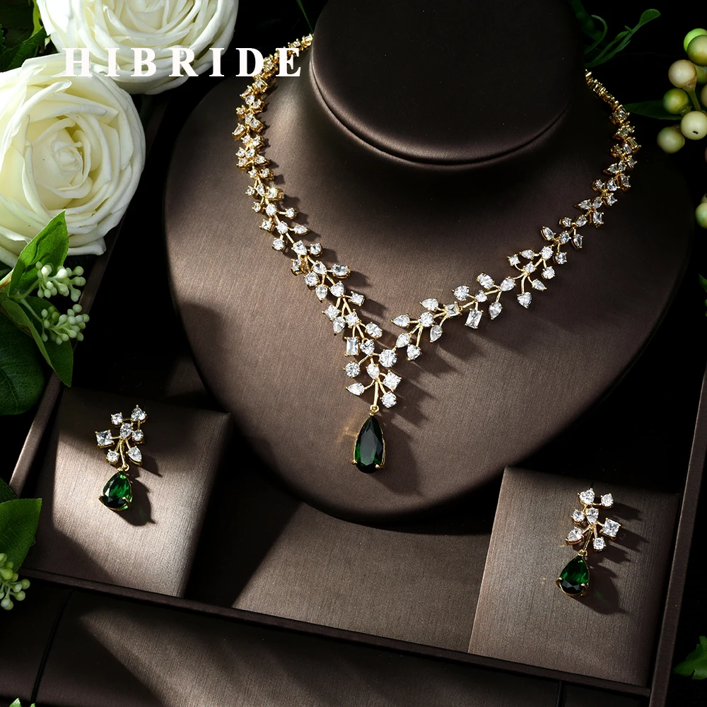 

HIBRIDE Charm Green Water Drop Dubai Jewelry Sets Gold Color Wedding Necklace Earrings Sets Bijoux bijoux mariage N-1014