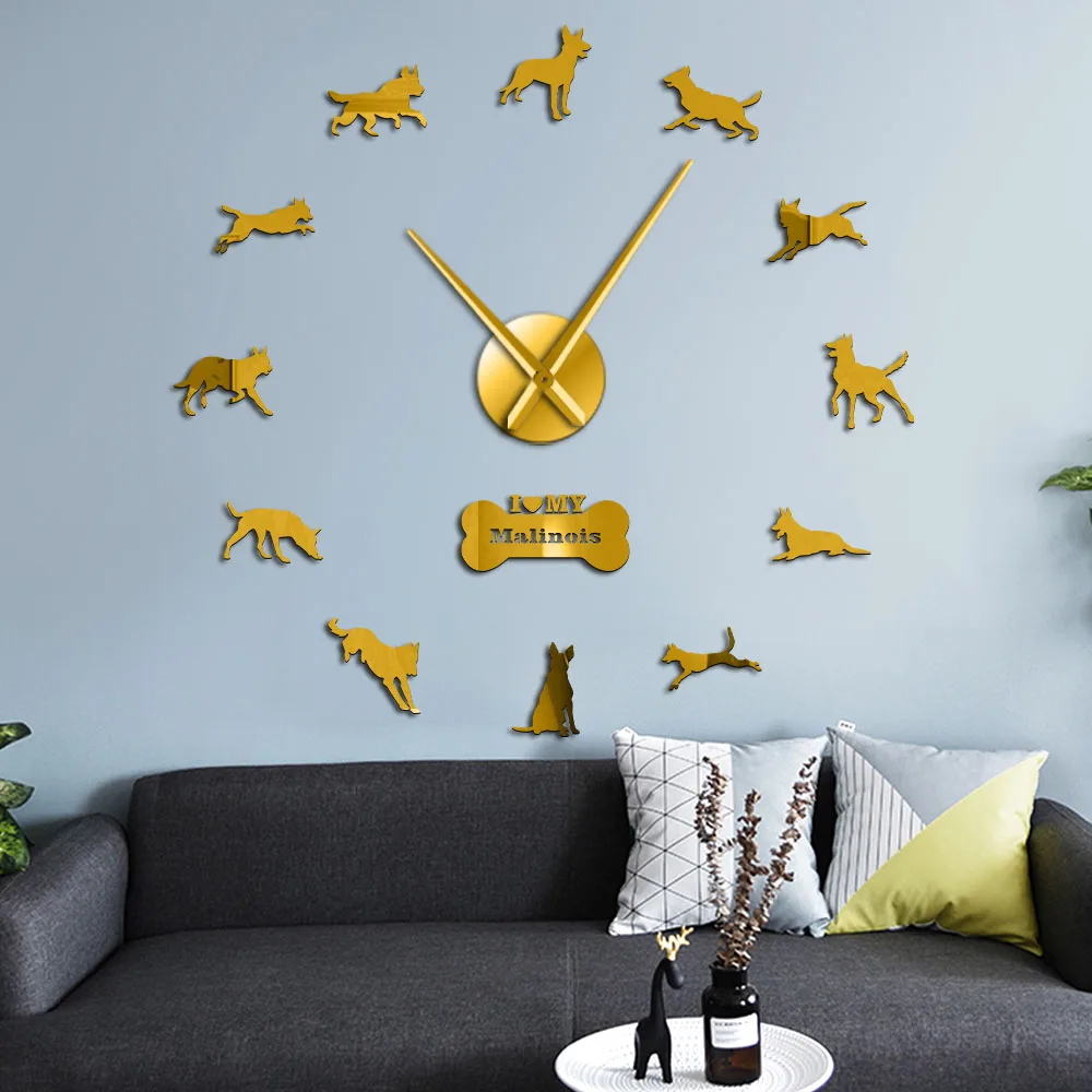Reloj de pared sin marco grande de pastores bellosos para decoración del hogar, reloj de pared de Malinois, reloj de pared para mujer