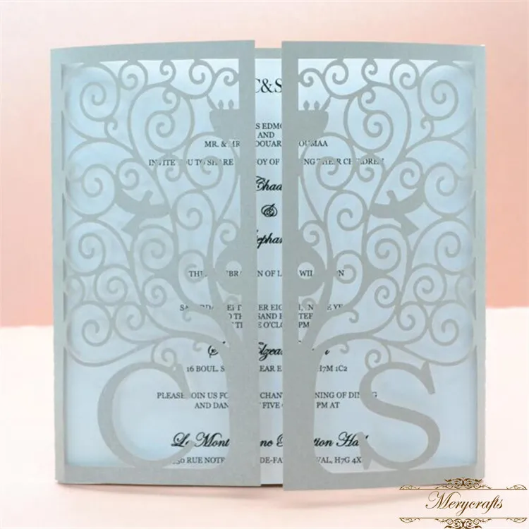 

Bright silver custom initials laser cut tree and dove pattern wedding invitations