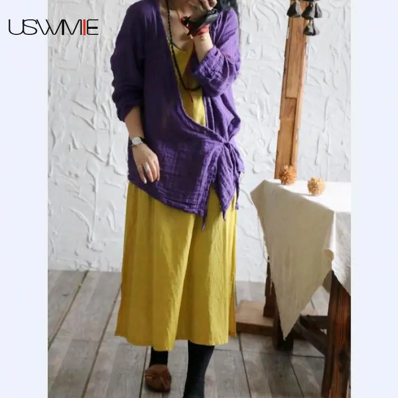 USWMIE 2020 Spring Literary Simple Loose Casual Long Sleeve Women Tops Solid Color Personalized Plus Size Convenience Clothes