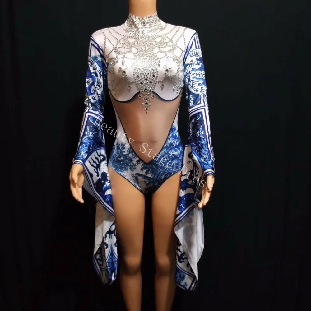 

Silver Glisten Crystals Bodysuit Big Sleeves Chinese Style Performance Outfit Party Blue and white porcel Costume Dance Clothing