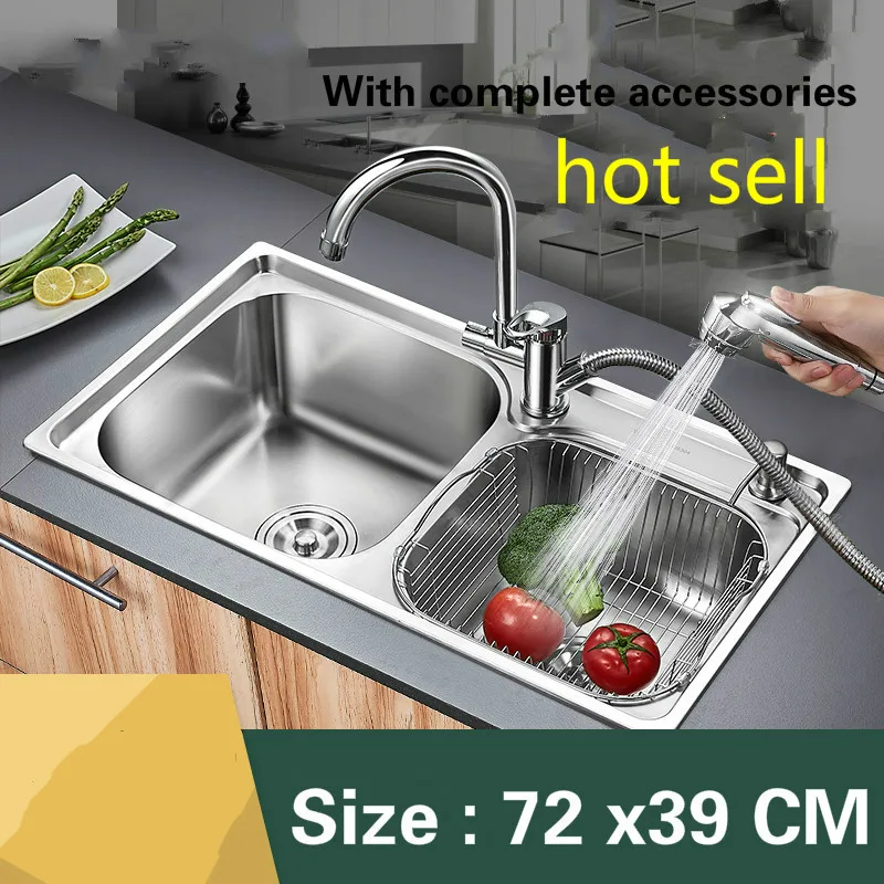 

Free shipping Food grade 304 stainless steel hot sell kitchen sink 0.8mm thick ordinary double trough and stretch tap 72 x39 CM