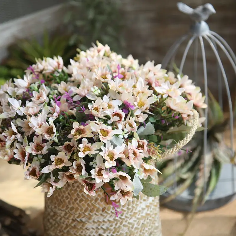 2pcs Artificial 25 Head  Aster with Star Rose Bud Hand Bouquet Wedding  Home Furnishing  Flower Wall Decoration Free Shipping