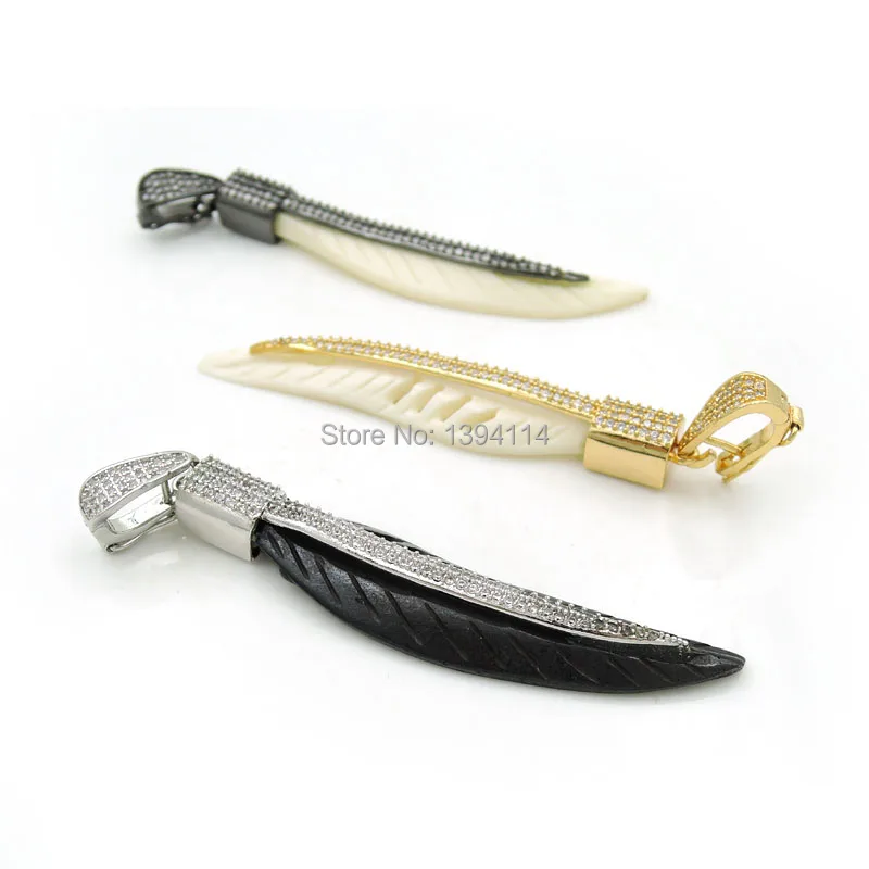 

Micro Pave Clear CZ Ox Bone Carved Leaf Pendant Of Gluing Brass Petiole Cap Approx 60*15*7mm