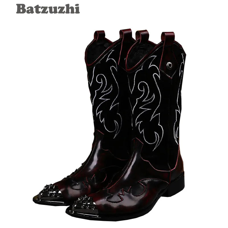 

Batzuzhi 2020 Winter Rock Man's Boots Long High-top Shoes Embroidered Flowers Retro Casual Man Boots Leather Motocycle Boots!