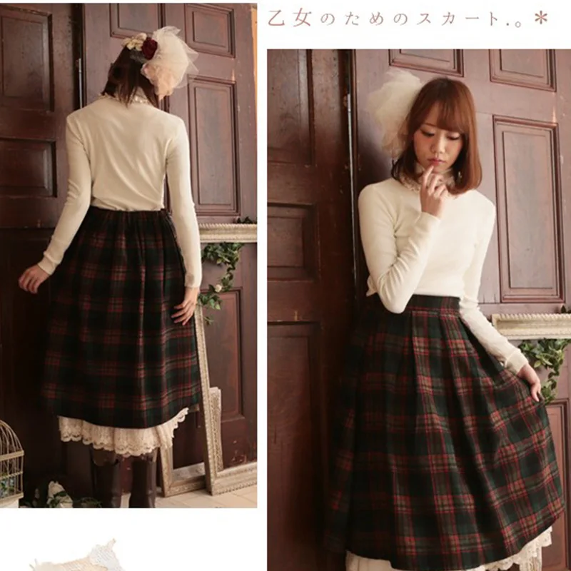 Japanese Mori Girl Spring Vintage Plaid Skirt Women Clothing Retro Mid Calf Harajuku Elastic Waist Female Lovely Skirts V052