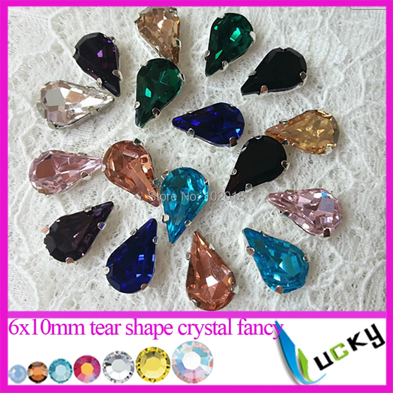 Freeshipping 200pcs 6x10mm Tear drop Crystal Facny loose beads Point back rhinestones with settings jewelry strass