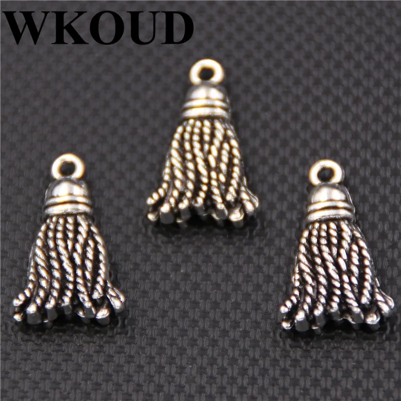 WKOUD 10pcs Antique Sliver Tassels Charm Alloy Pendant Bracelet Necklace DIY Metal Jewelry Charm Handmade Accessories 10x22mm