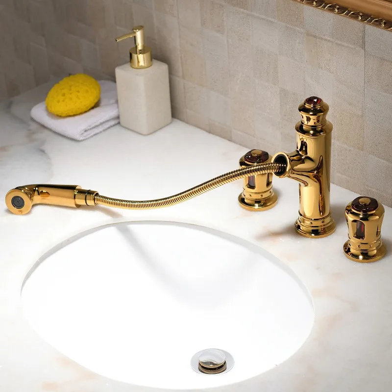 Crown design Gold brass Bathroom Sink Faucet Deck Mounted Golden pull out Lavatory Faucet Cold and hot water Mixer Tap--554