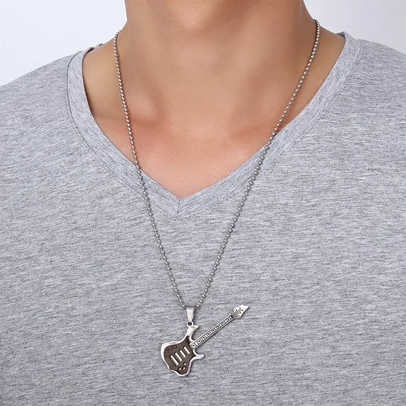 Vnox Trendy Guitar Necklace Pendant Free 24inch Chain Stainless Steel Punk Rock Music Jewelry