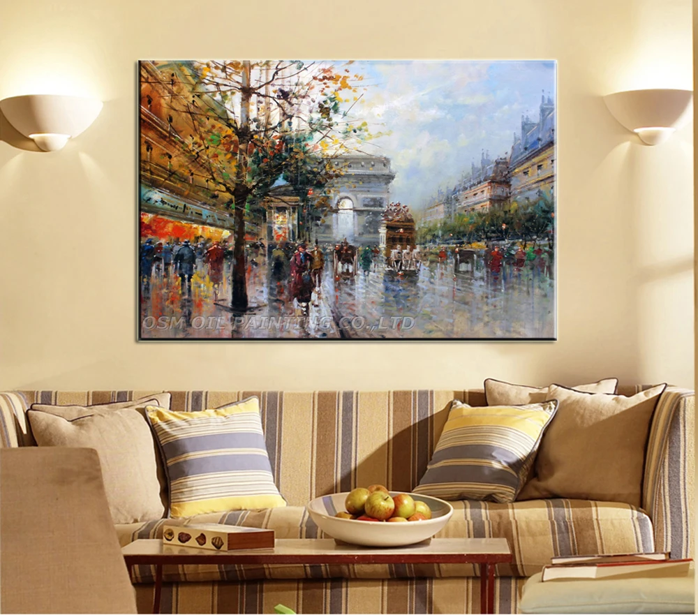 New Arrived Hand-painted Knife Landscape Painting for Living Room Handmade Europe The arc DE Triomphe in Paris Street Scenery