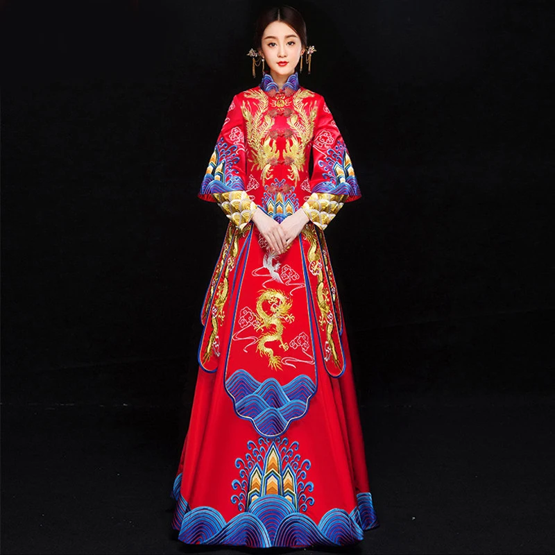 chinese style bride Embroidery cheongsam wedding ceremony Dresses costume evening dress show clothing slim Phoenix Qipao