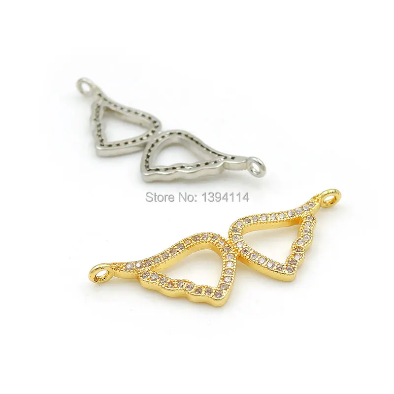 34*11*2mm Micro Pave Clear CZ Combination Connector Of 2 Hollow Wings Fit For Women As DIY Bracelets Accessory