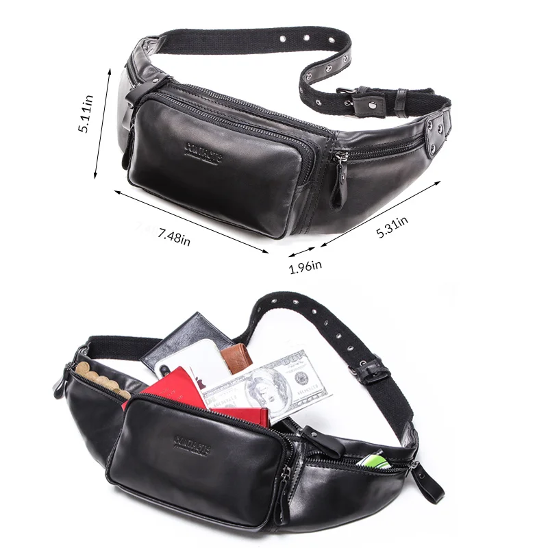 Bolsa de Cintura de Couro Genuíno para Homens, Casual Fanny Pack, Bolsa para Telefone Celular, Sacos Crossbody de Viagem, Fanny Bags Masculinos