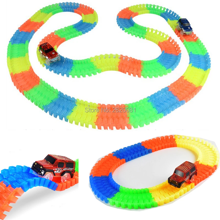 Pista de corrida brilhante flexível, pista de corrida com trilho de iluminação led, quebra-cabeça de brinquedos diy para meninos com 240 peças