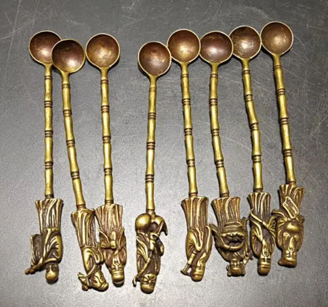 Chinese Old Brass Handmade Carved eight immortals Small spoon 8 pieces