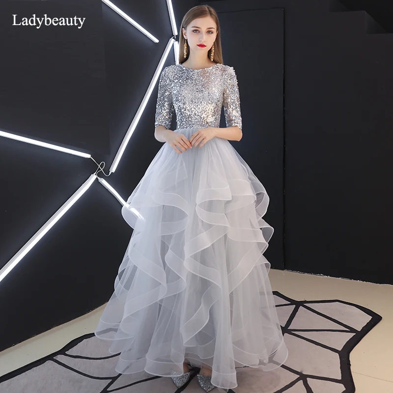 Ladybeauty Evening Dress Luxury Sequins Half Sleeve Evening Gowns Gray Party Dresses  Robe De Soiree Dress