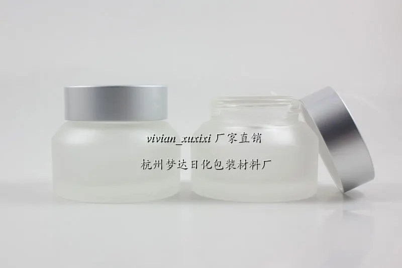 

30PCS 50g clear frosted glass cream jar with matte silver aluminum lid, 50g cosmetic jar for mask/eye cream,50g glass bottle