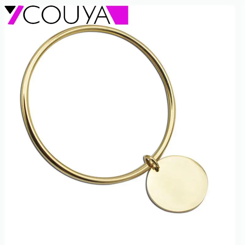 Hot Sale  Gold Color Stainless Steel Simple Round Plain Tag Charm Bangle Bracelet for Women Fashion Jewelry Wholesale