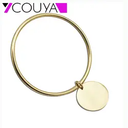 Hot Sale  Gold Color Stainless Steel Simple Round Plain Tag Charm Bangle Bracelet for Women Fashion Jewelry Wholesale