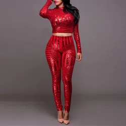 New Fashion Sexy Slim Black Red Gold Bodycon Bandage Playsuit Hollow Out Sequined Women Bodysuit Bandage Jumpsuits Pencil Pants