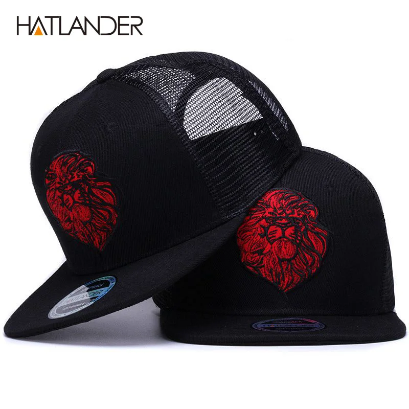 HATLANDER 소년소녀 정품 블랙 야구 모자, 여름 태양 모자, 자수 사자 메쉬 스냅백, 힙합 본 트럭 운전사 모자