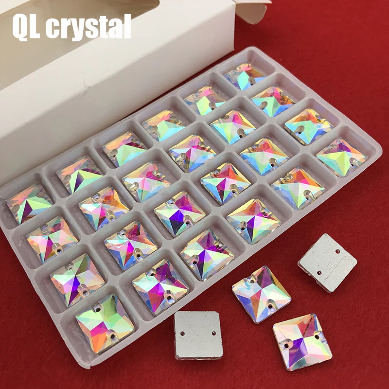 Qlcrystal popular ab quadrado costurar em strass 8,10 de cristal de vidro, 12,14,16,22mm flatback costurar-em contas de pedra vestido de artesanato
