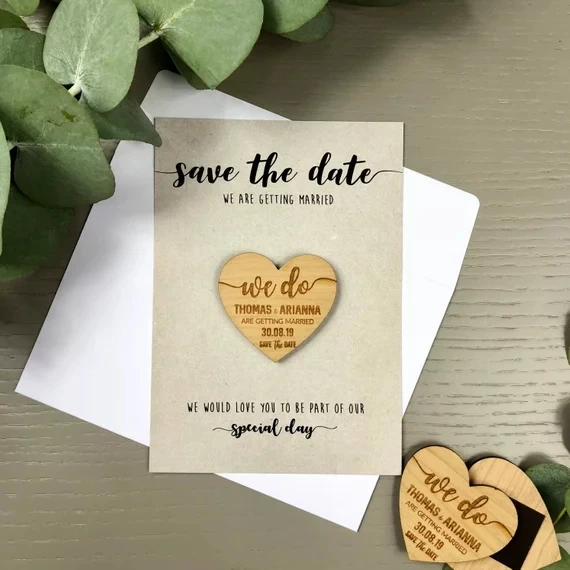 personalize names date engraved Wooden Card save the date Wedding invitations Magnets, Invitation Card Rustic Heart Summer